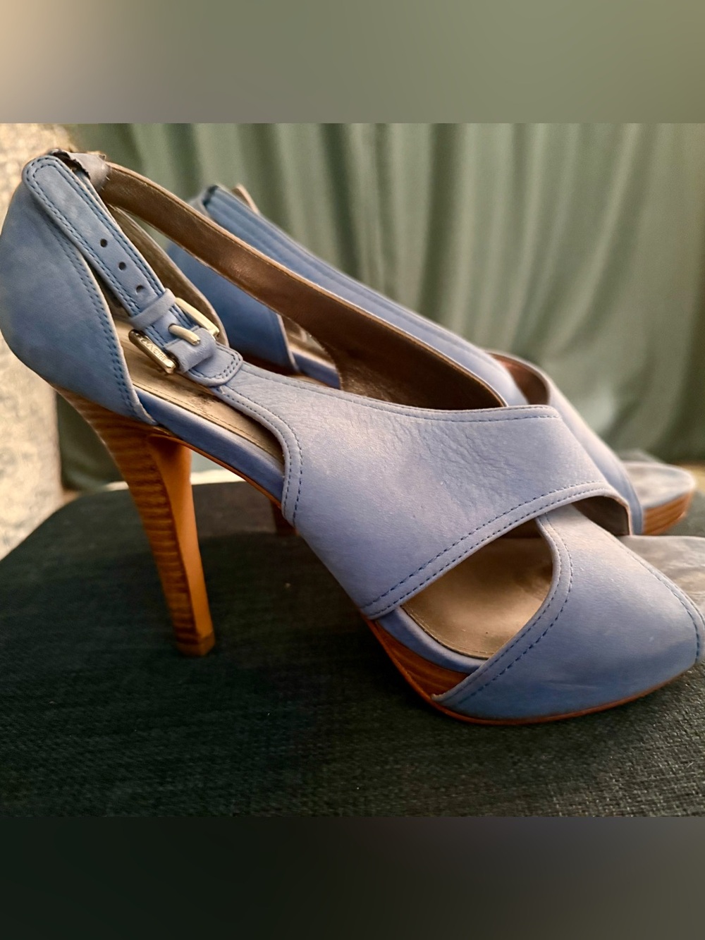 Coach Dusty Blue Suede Leather Stacked Wooden 4.5” High Heels